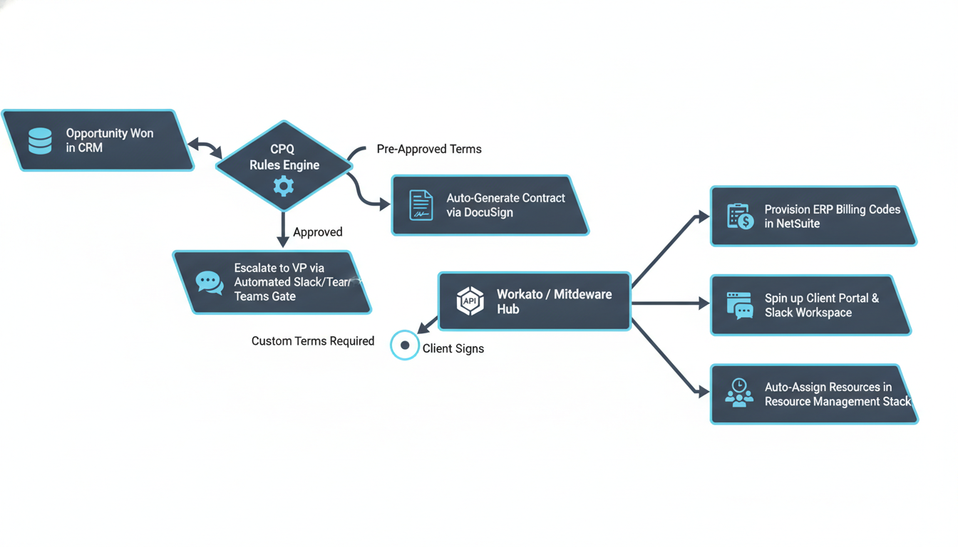Automated Client Onboarding & Provisioning Workflow - This graphic illustrates a high-value automated post-sales workflow, detailing the journey from a wo
